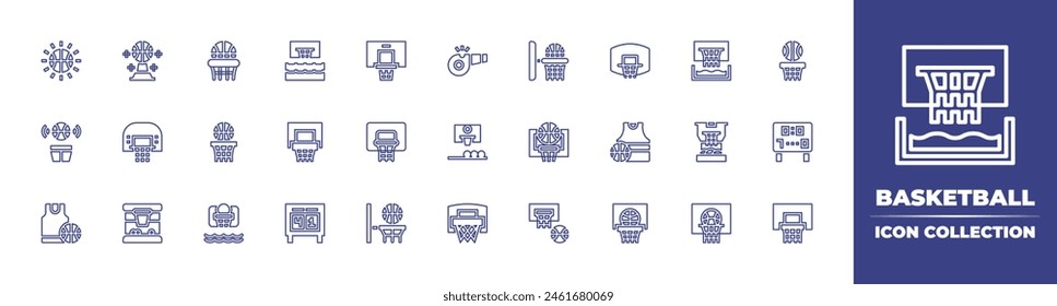 Basketball line icon collection. Editable stroke. Vector illustration. Containing basketball, basketball hoop, sport, water basketball, hoop, whistle, scoreboard.