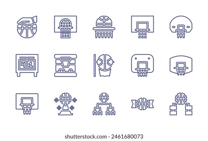 Conjunto de iconos de línea de baloncesto. Trazo editable. Ilustración vectorial. Contiene aro de baloncesto, baloncesto, educación física, deporte, tablero, marcador, jerarquía.
