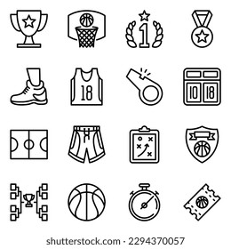 basketball line icons set. score, tournament, ticket, stadium, champion, court, net, shield, championship, player, uniform, college, shirt, team, trophy