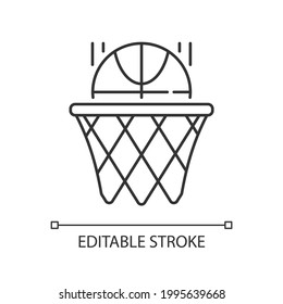 Basketball linear icon. Team sport for exercise. Scoring goal with shooting ball in hoop. Thin line customizable illustration. Contour symbol. Vector isolated outline drawing. Editable stroke