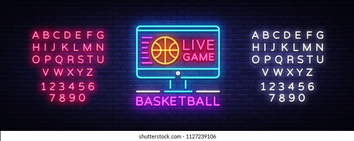 Basketball Live neon sign vector. Basketball Online Design template neon sign, light banner, neon signboard, modern trend design, bright advertising, light inscription. Vector. Editing text neon sign