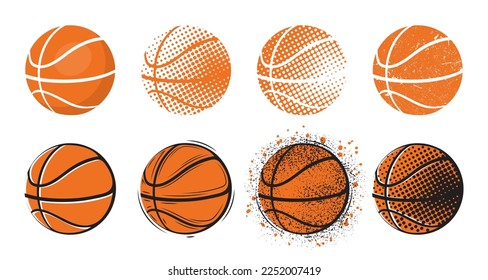 Basketball logo, american ball icons. 3d balloon basket design, orange and white circle signs. Championship logotype. Team textured emblem or label. Vector isolated current illustration