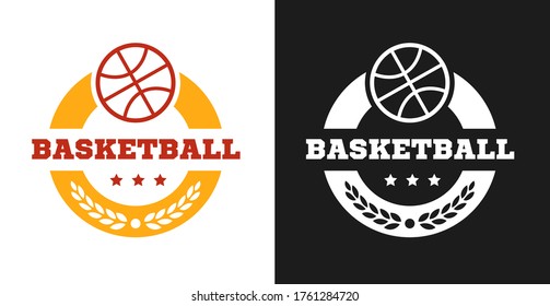 Basketball logo, badge or label concept. Creative design template composition for branding sport club, championship, competition. Modern vector illustration.