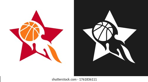 Basketball logo, badge or label concept. Creative design template composition for branding sport club, championship, competition. Modern vector illustration.
