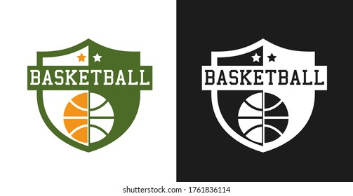 Logo de baloncesto, insignia o concepto de etiqueta. Composición de plantilla de diseño creativo para la marca club deportivo, campeonato, competición. Ilustración vectorial moderna.