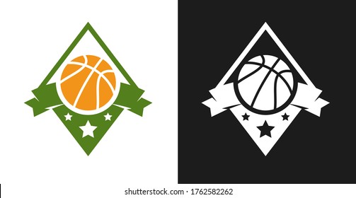 Basketball logo, badge or label concept. Creative design template composition for branding sport club, championship, competition. Modern vector illustration.