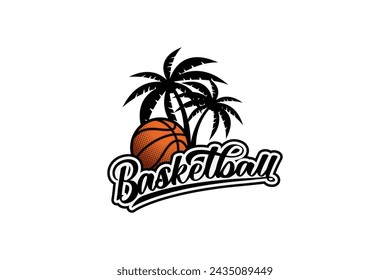 basketball logo with a combination of a ball, coconut trees, beautiful lettering, and vintage style.