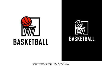 Diseño del logo del baloncesto. Pelota con anillo de cesta para plantilla o elemento deportivo