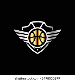 Basketball logo design. Basketball ball with wings and shield on black background