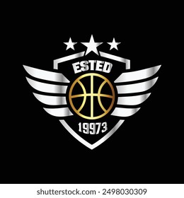 Basketball logo design. Basketball ball with wings and shield on black background