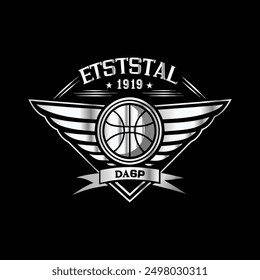 Basketball logo design. Basketball ball with wings and shield on black background