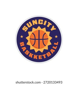 Basketball-Logo-Design mit einer Kombination aus Basketball und strahlender Sonne mit Emblem-Badge-Stil Vektorgrafik
