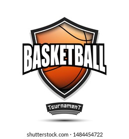 Basketball logo design template. Basketball ball and shield with vintage lettering on an isolated background. Print on t-shirt graphics. Vector illustration