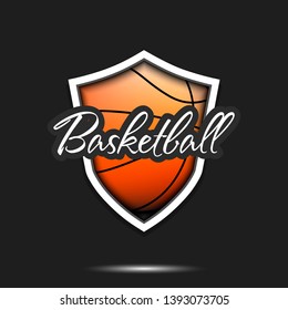Basketball logo design template. Basketball emblem pattern. Basketball ball and shield with vintage lettering on an isolated background. Print on t-shirt graphics. Vector illustration