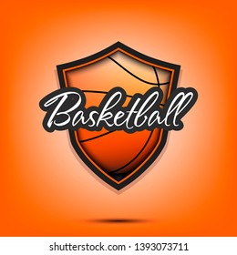 Basketball logo design template. Basketball emblem pattern. Basketball ball and shield with vintage lettering on an isolated background. Print on t-shirt graphics. Vector illustration