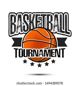 Basketball logo design template. Basketball emblem pattern. Vintage style on isolated background. Print on t-shirt graphics. Vector illustration