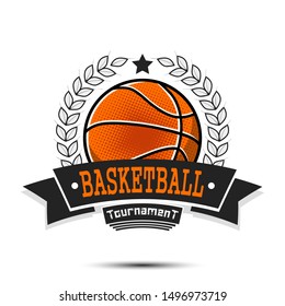 Basketball logo design template. Basketball emblem pattern. Vintage style on isolated background. Print on t-shirt graphics. Vector illustration