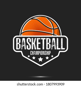 Basketball logo design template. Basketball emblem pattern. Vintage style on isolated background. Print on t-shirt graphics. Vector illustration