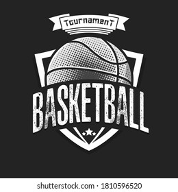 Basketball logo design template. Basketball emblem pattern. Vintage style on isolated background. Print on t-shirt graphics. Vector illustration