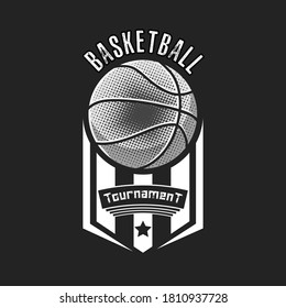 Basketball logo design template. Basketball emblem pattern. Vintage style on isolated background. Print on t-shirt graphics. Vector illustration