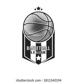 Basketball logo design template. Basketball emblem pattern. Vintage style on isolated background. Print on t-shirt graphics. Vector illustration
