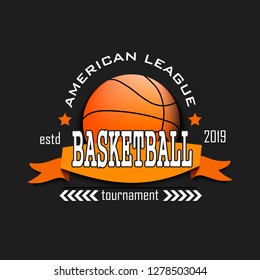 Basketball logo design template. Streetball emblem pattern in vintage style. Print on t-shirt. Sport vector illustration