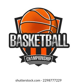 Basketball logo design template. Streetball emblem pattern. Vintage style on isolated background. Print on t-shirt graphics. Vector illustration