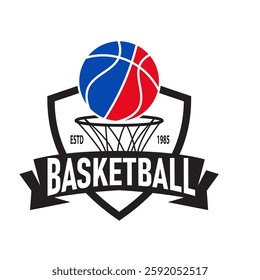 Basketball logo emblem concept in the form of a shield with ribbon suitable for basketball clubs, tournaments, or sports communities.