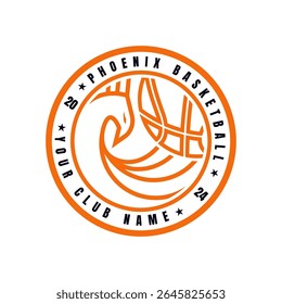O logotipo de basquete apresenta uma cabeça de fênix estilizada integrada com um estilo de arte de linha gráfica de basquete