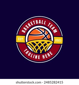 Basketball logo featuring a ball going through the net inside a round emblem, perfect for sports branding and apparel