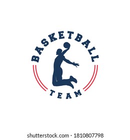 basketball logo with illustration of great looking basketball player jumping and about to throw basketball