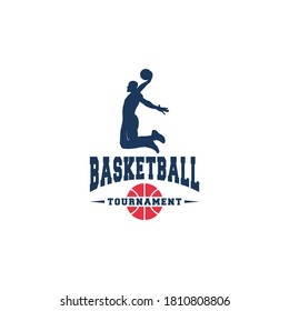 basketball logo with illustration of great looking basketball player jumping and about to throw basketball
