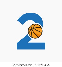 Basketball Logo On Letter 2 Concept. Basket Club Symbol Vector Template