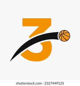 Basketball Logo On Letter 3 With Moving Basketball Icon. Basket Ball Logotype Symbol