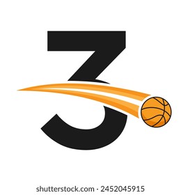 Basketball Logo On Letter 3 Concept With Moving Basketball Symbol. Basketball Sign