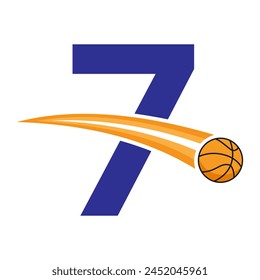 Basketball-Logo auf Buchstabe 7 Konzept mit beweglichem Basketball-Symbol. Basketball-Zeichen