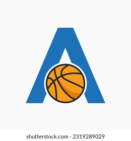 Basketball Logo On Letter A Concept. Basket Club Symbol Vector Template