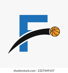 Logo De Baloncesto En La Letra F Con Icono De Baloncesto En Movimiento. Símbolo de logotipo de bolas de cesta