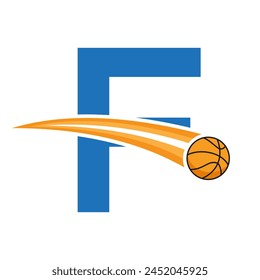 Basketball Logo On Letter F Concept With Moving Basketball Symbol. Basketball Sign