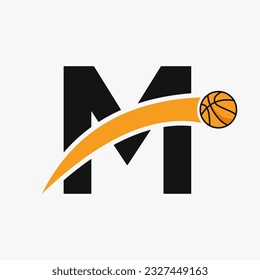 Basketball Logo On Letter M With Moving Basketball Icon. Basket Ball Logotype Symbol