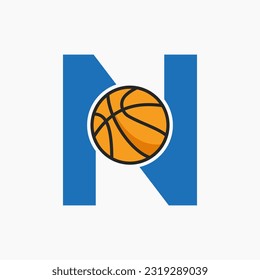 Basketball Logo On Letter N Concept. Basket Club Symbol Vector Template