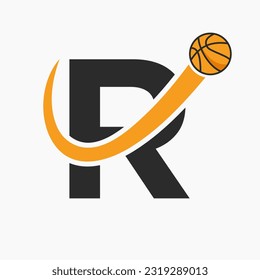 Basketball Logo On Letter R Concept. Basket Club Symbol Vector Template