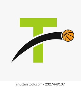 Basketball Logo On Letter T With Moving Basketball Icon. Basket Ball Logotype Symbol