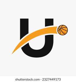 Basketball Logo On Letter U With Moving Basketball Icon. Basket Ball Logotype Symbol