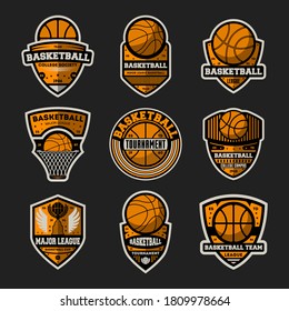 Basketball logo set. Isolated flat sport logo label icons with ball, basket. Team game shield emblem design collection. Basketball tournament competition badge sign vector illustration