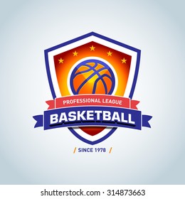 Basketball logo template, basketball logotype, badge logo design template, sport logotype template. Basketball Themed T shirt template. Vector illustration.