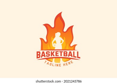 Basketball Logo Vector Graphic With Woman Holding Ball In Fire For Any Business Especially For Basketball Game, Club, Team, Match, Etc.