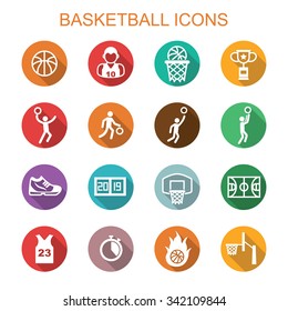 basketball long shadow icons, flat vector symbols