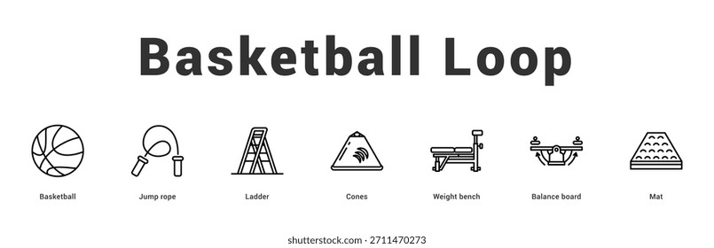 Bucle de baloncesto Ilustración de Anuncio de Web moderno y limpio con íconos temáticos para la comunicación visual