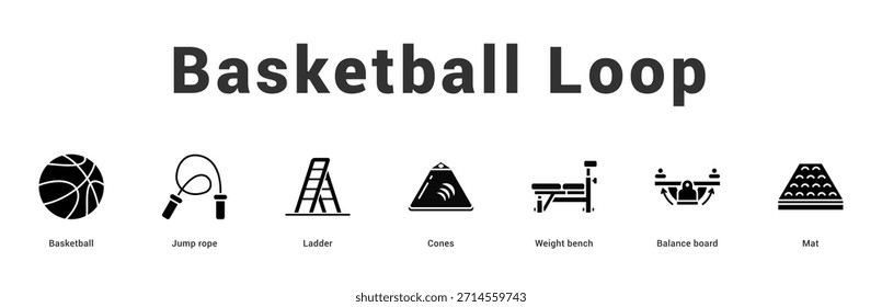Bucle de baloncesto Ilustración de Anuncio de Web moderno y limpio con íconos temáticos para la comunicación visual